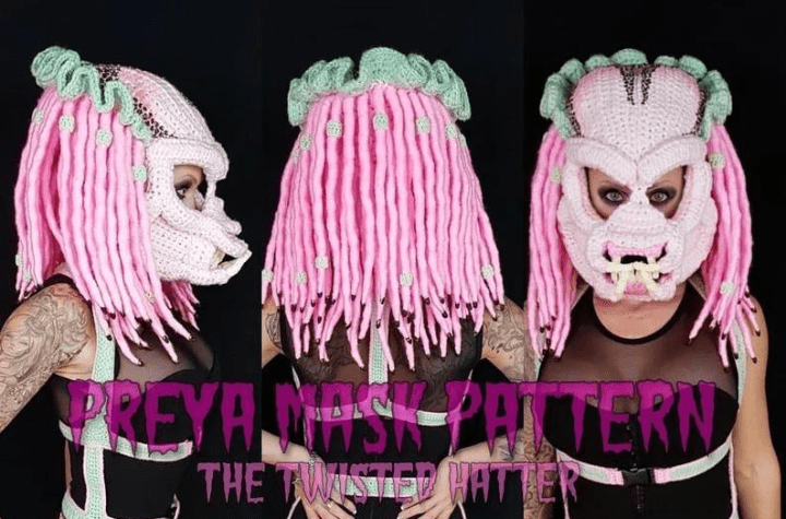 crochet predator mask in pink.