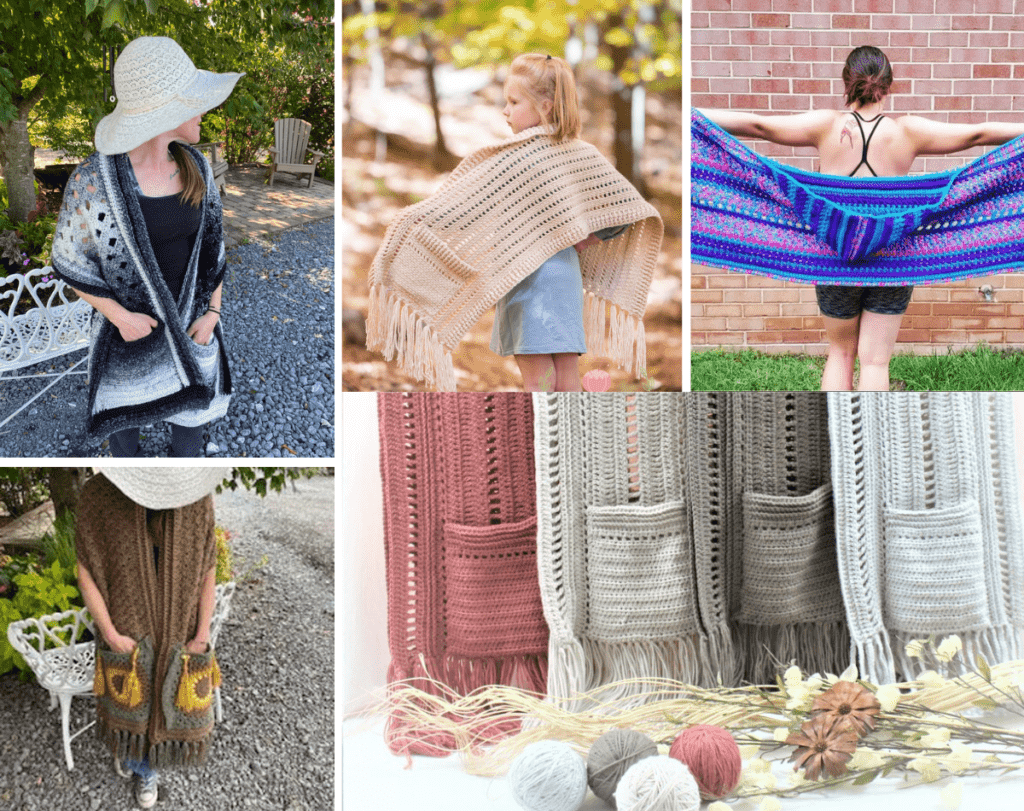 Five different crochet shawl patterns.