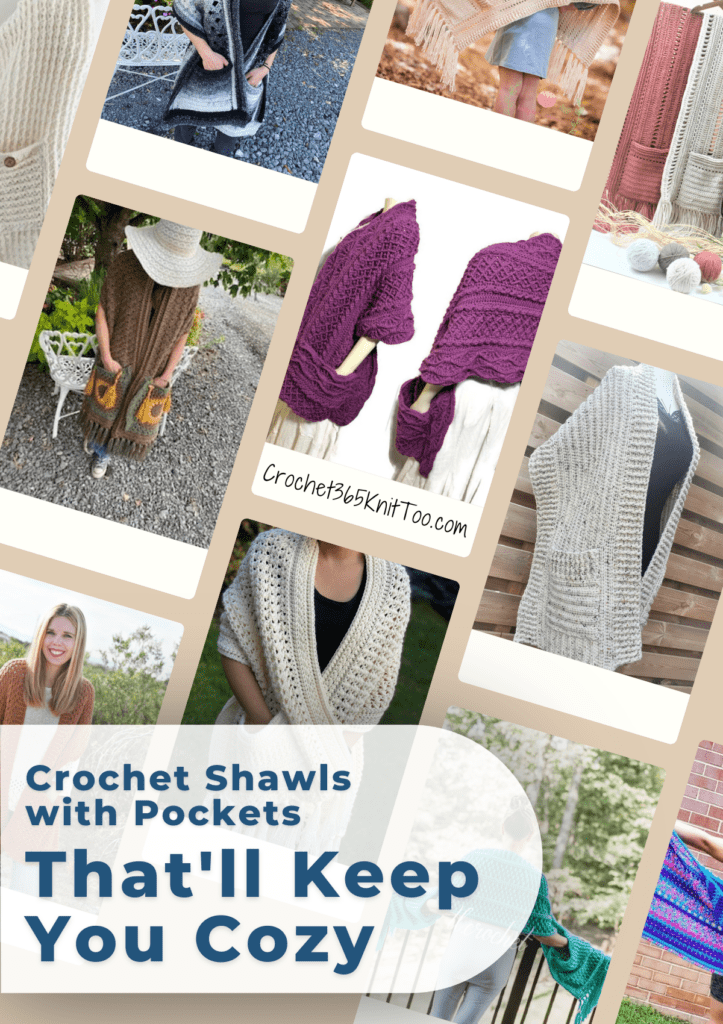 Pinterest image for crochet pocket shawl post.