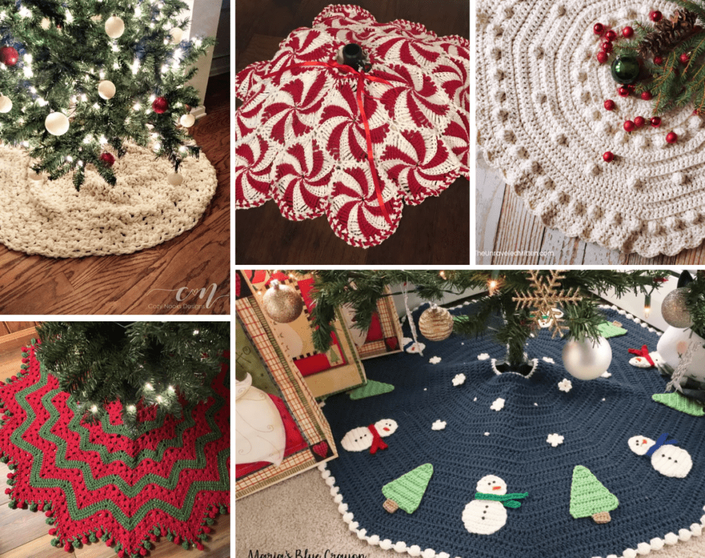 Collage photo of different patterns from the tree skirt pattern post.