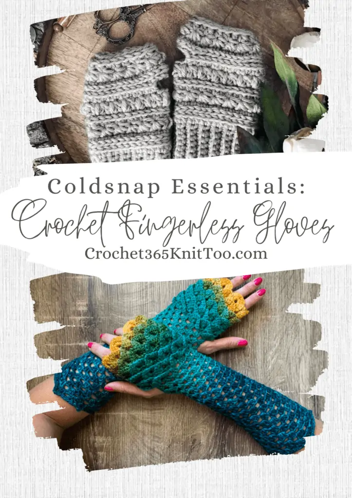 Pinterest image that prominently features dragon-inspired fingerless gloves and grey fingerless gloves.