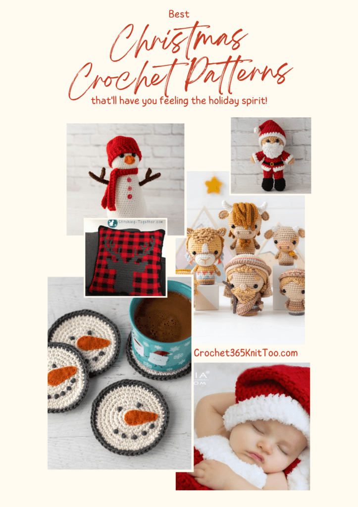 Pinterest graphic featuring different christmas crochet patterns.