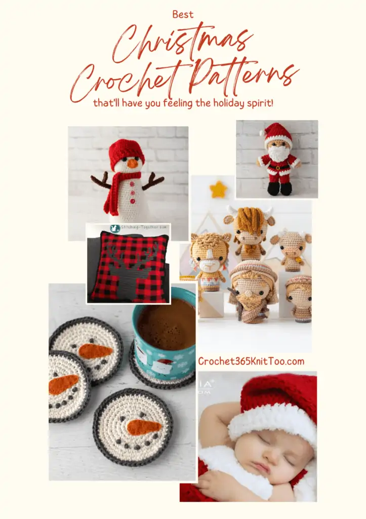 Pinterest graphic featuring different christmas crochet patterns.
