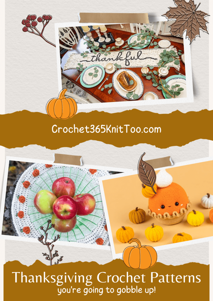 Image of Thanksgiving Crochet Patterns including a table runner, a placemat and a pumpkin pie amigurumi