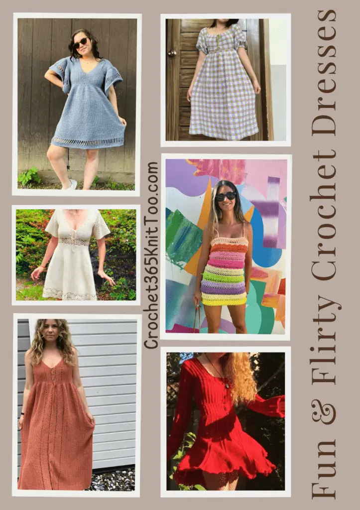 A collage with a blue crochet dress, white crochet dress, pink crochet dress, checkered crochet dress, rainbow crochet dress, and a red crochet dress.