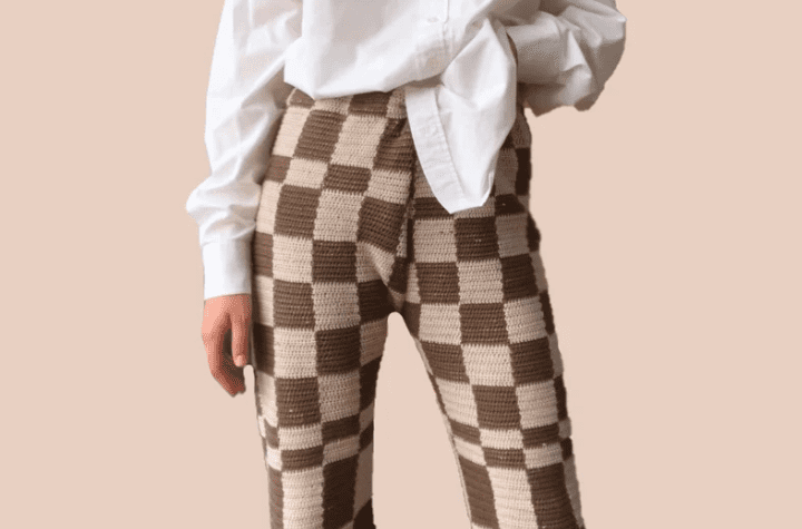 Brown and Beige checkered crochet pants.