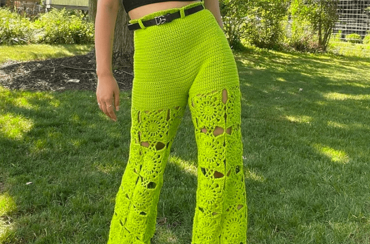 Neon green crochet pants with a block-style shorts that lead into granny square pant extensions.