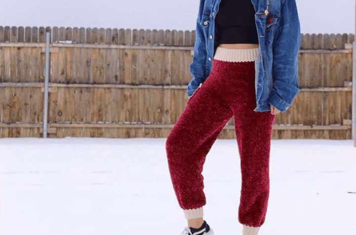 Red, fuzzy crochet pants with a white waist and white ankles.