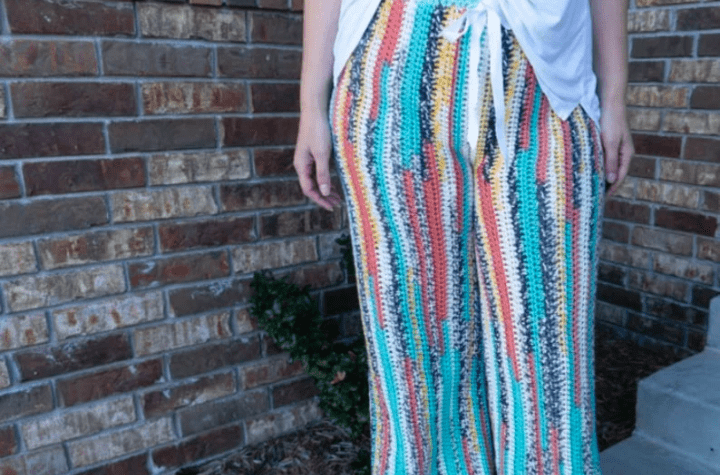 Crochet multicolor PJ pants with a fabric tie.