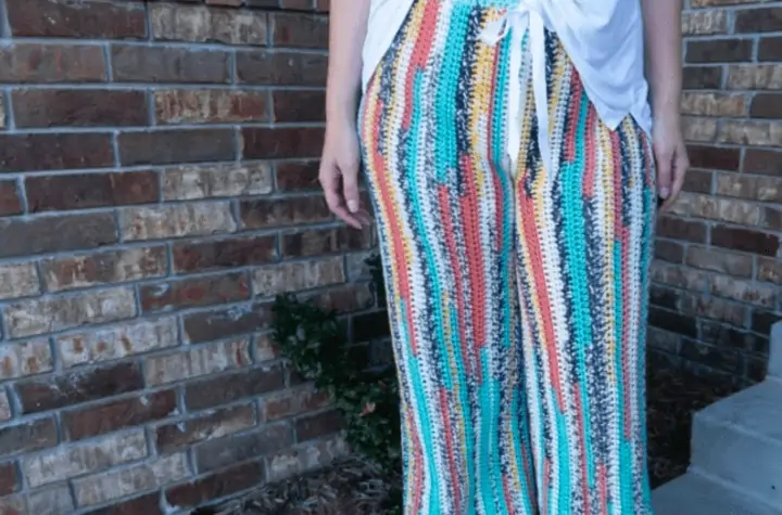 Crochet multicolor PJ pants with a fabric tie.