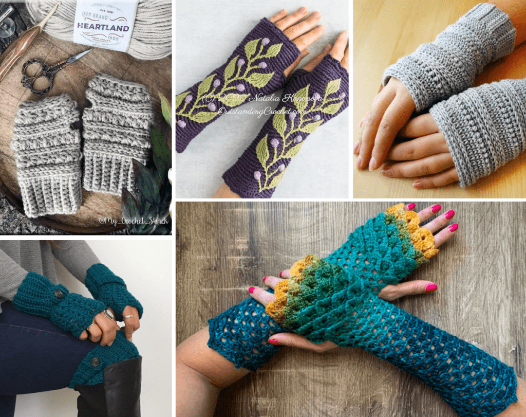 Five crochet finglesless gloves, two grey ones, one purple one with a branch of leaves one the top, a blue one, and one that looks like dragon scales.