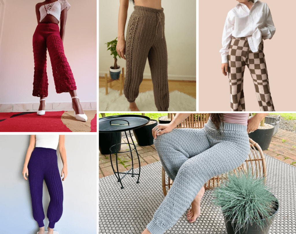Fiver crochet pants patterns, one red and capri length, one beige joggers, one checkered print with a wide leg, one purple pant that's tight around the ankles, and one grey jogger style crochet pants.