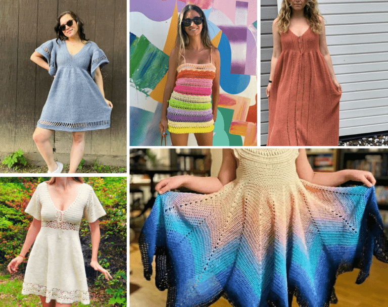Collage with blue dress, rainbow dress, pink dress, white dress, and blue gradient dress.