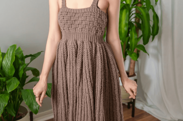 Brown crochet dress with a basket-weaved looking top.