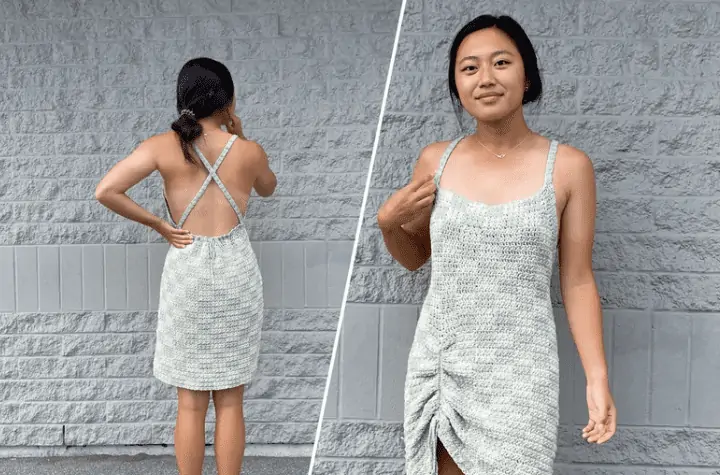 white and light grey checkered crochet dress with spaghetti straps.