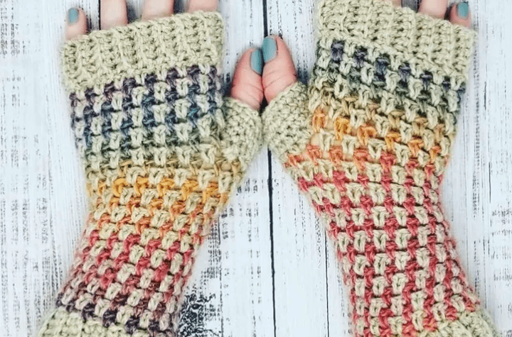 Rainbowfingerless gloves with thumb holes.