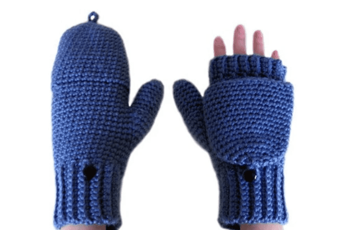 Blue convertible mittens with a button closure for full mittens or fingerless gloves options.