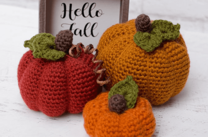 Three different sized crochet pumpkins