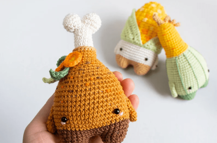 amigurumi turkey drumstick, gourd, and ear of corn.
