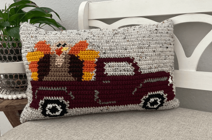 Crochet pillow with a truck and a turkey in the bed.