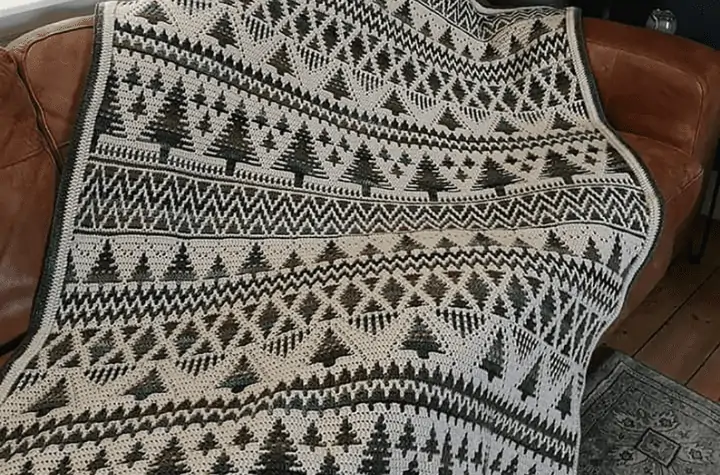 Mosaic pine tree crochet blanket.