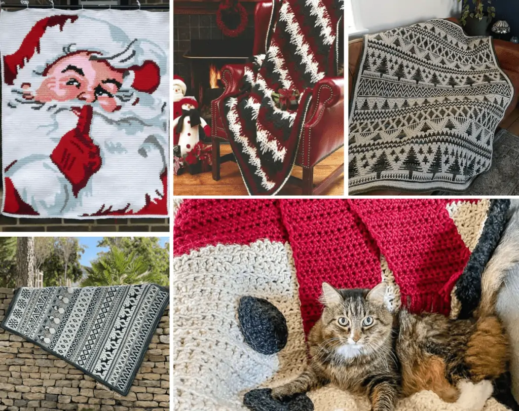 A collage of five Christmas Crochet Afghan Patterns. The first is a Santa doing the quieting motion, another is a red, green, and white stripped throw blanket over a red chair, the next is a mosaic style with a variety of pine tree, after that is a mosaic throw blanket with reindeer, snowman, snowflakes, and various line work thrown over a brock wall, the there is a snowman blanket with a cat laying on it.