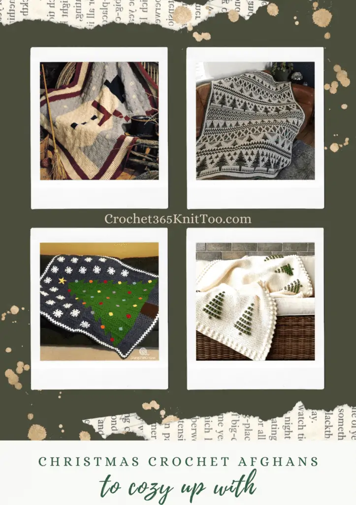 Pinterest image featuring four Christmas Crochet Afghans. The first is a snowman made out of granny squares, the next is a pine tree mosaic throw blanket, then there is a christmas tree blanket with ornaments and snowflakes, then there's an all white blanket featuring green pine trees along the border of the blanket.