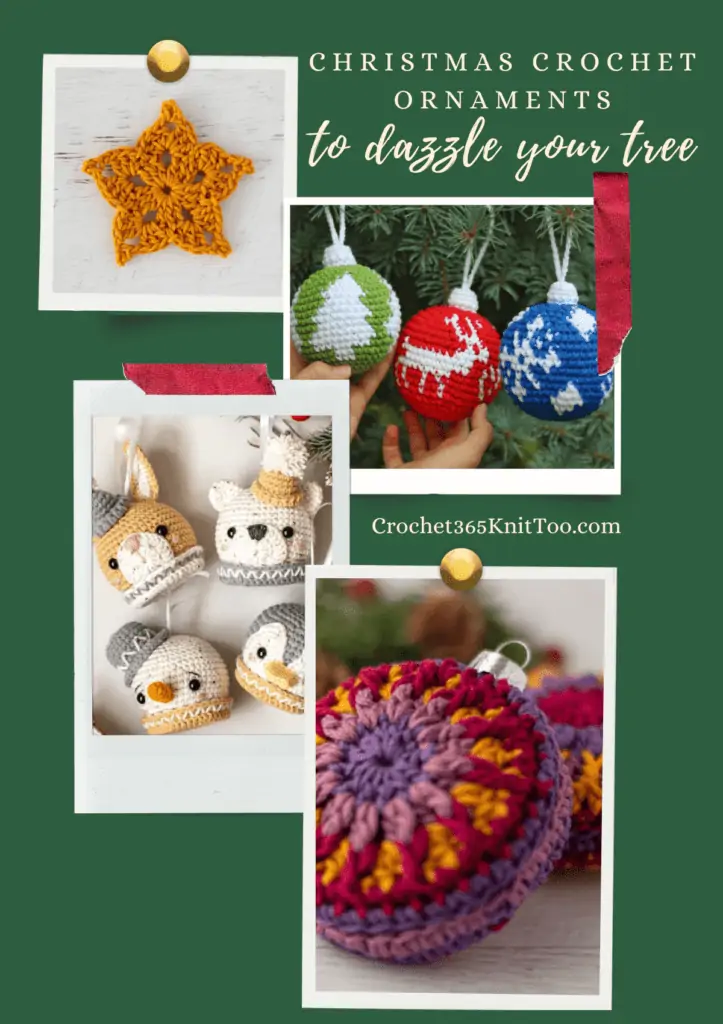 Pinterest image featuring a collage of different ornaments, including a star ornament, a green ball ornament with a tree, a red ball ornament with a reindeer, a blue ball ornament with a snowflake, a deer hea, a polar bear head, a snowma head, and a penguin head, and a circle jewel-toned ornamet.