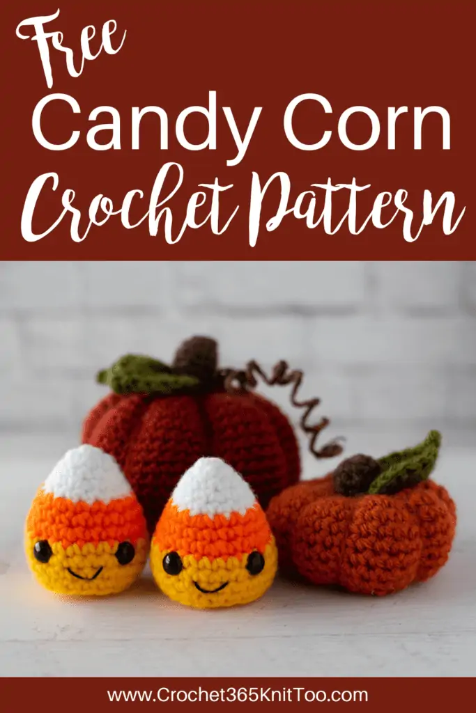 Image of two Crochet candy corn with two crochet pumpkins in fall colors of orange, white, yellow.