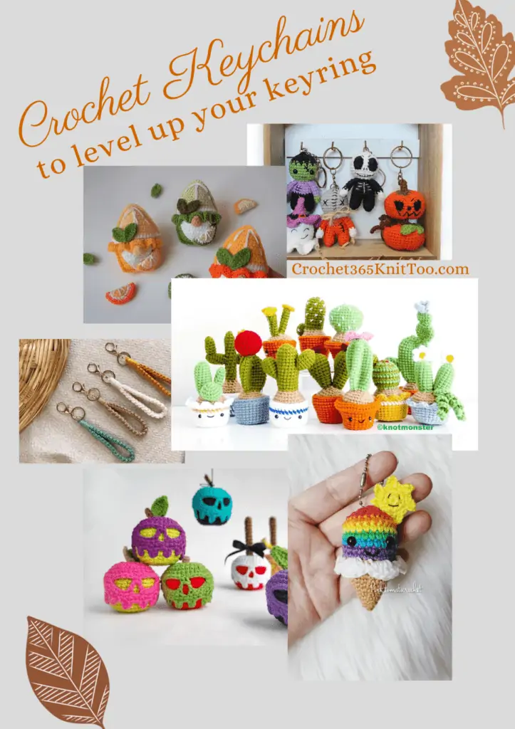 Pinterest image featuring a collage that includes the Halloween themed keychains, the citrus gnome keychains, the cacti keychains, the wristlets, the poison apple keychains, and the rainbow ice cream cone keychain.