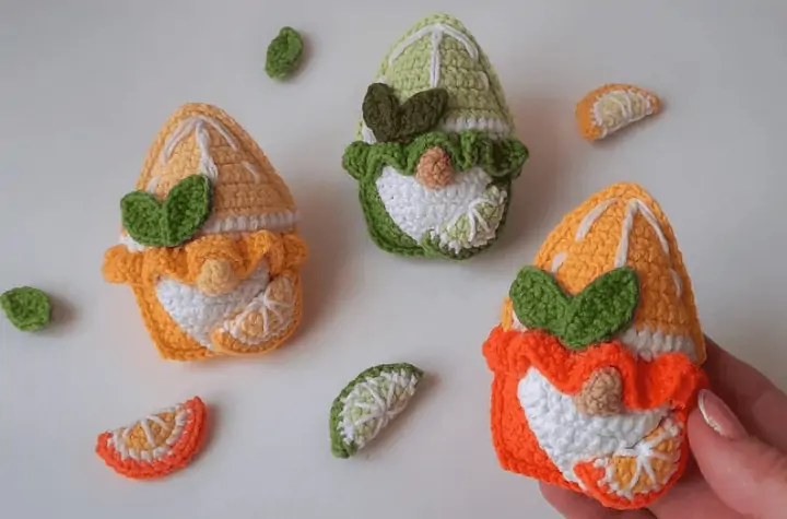 Crochet gnomes inspired by lemons, limes, and oranges.