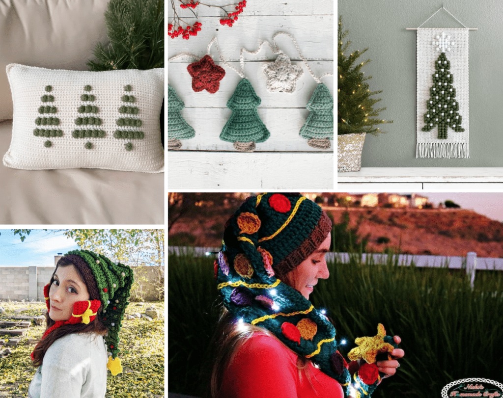 A crochet Christmas tree pillow with three pine trees, a pine tree garland, a banner wall art with a Christmas tree on it, tree hat with present ear muffs attached and an elf-style Christmas tree hat with large circular ornaments.