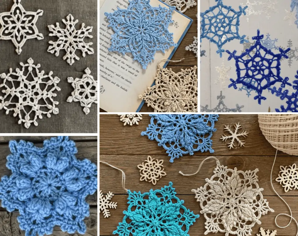 Five different crochet snowflake designs, ranging in colors from whites and greys to blues.