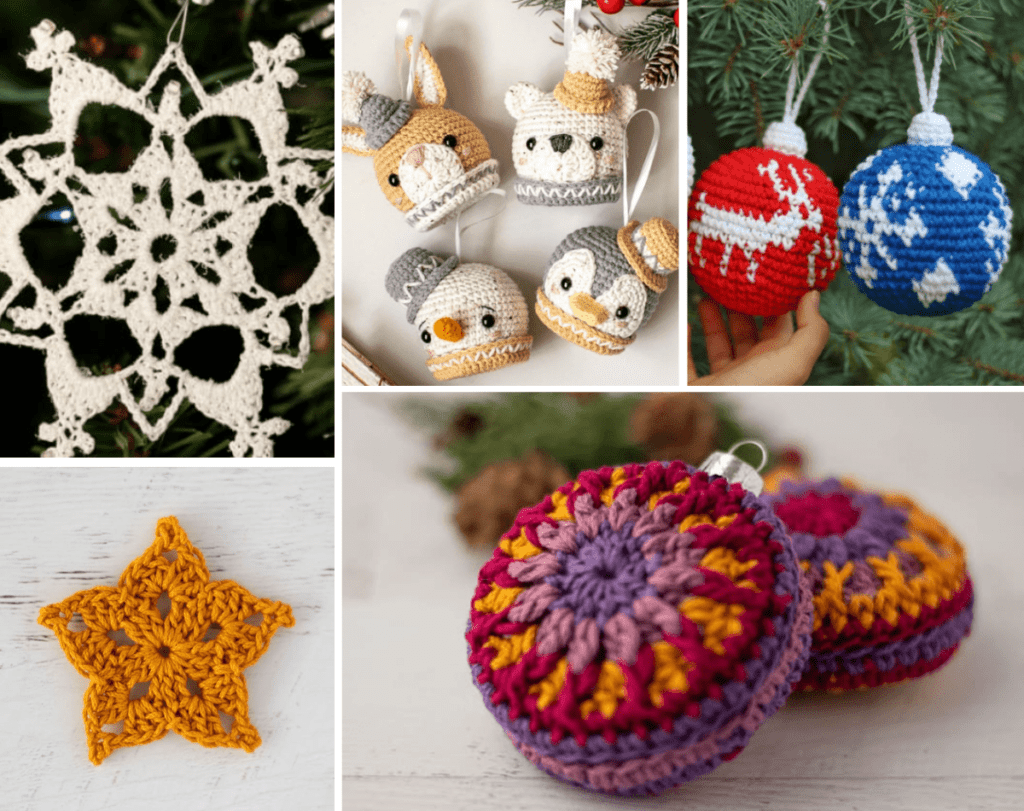 A collage featuring a crochet snowflake, crocheted animal heads inclusing a deer, polar bear, snowman, and penguin, two crochet ball ornaments one that is red with a reindeer and one that is white with a snowflake, a gold crochet star, and a round crochet ornament that is in jewel-tones.