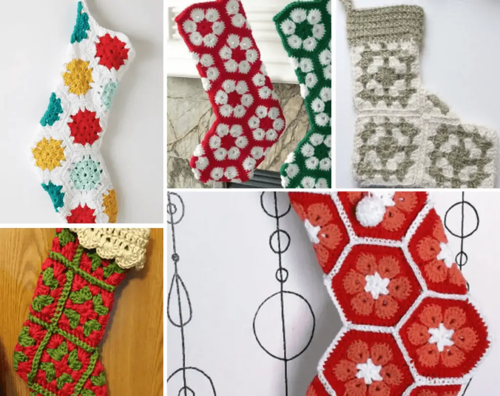 Five crochet granny stockings, one with red blue and yellow flowers on a white stocking, one with white flowers on a red stocking, one with green and white squares, one with red and green squares, one with orange flowers on a red stocking.