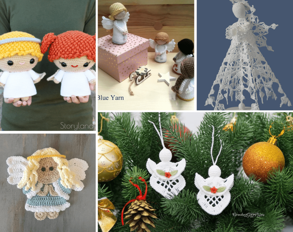 Five crochet angel patterns, one that is a lager aniigurumi pattern being held in someone's hands with blonde hair and with red hair, then a punch of smaller amigurumi crochet angels with a variety of hair colors, then there is a lace crochet angel tree topper, there is also a crochet angel flat lay which can be used as a ot warmer, and well as two crochet angel ornaments.