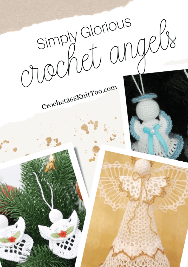 Crochet angel Pinterest images, featuring two different styles of crochet ornaments as well as a crochet angel tree topper.