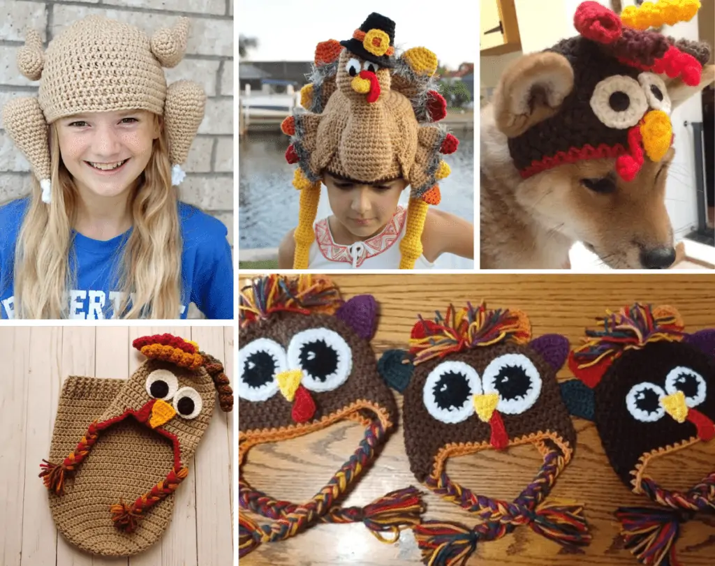 Five crochet turkey hats, one that looks like a fully cooked turkey, one that looks like an amigurumi turkey wearing a pilgrim hat, one is a dog wearing a 2D turkey hat, one is a baby hat with a baby onsie, and one pattern that includes three earflap hats with hearts in the pupils.