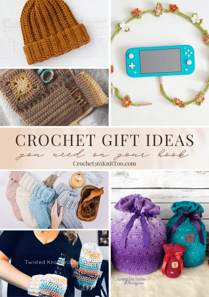 Pinterest image featureing a ornage crochet beanie, a flower vine charger cover, a crochet essentials organizer, crochet socks, beer mittion, and crochet gift bags.