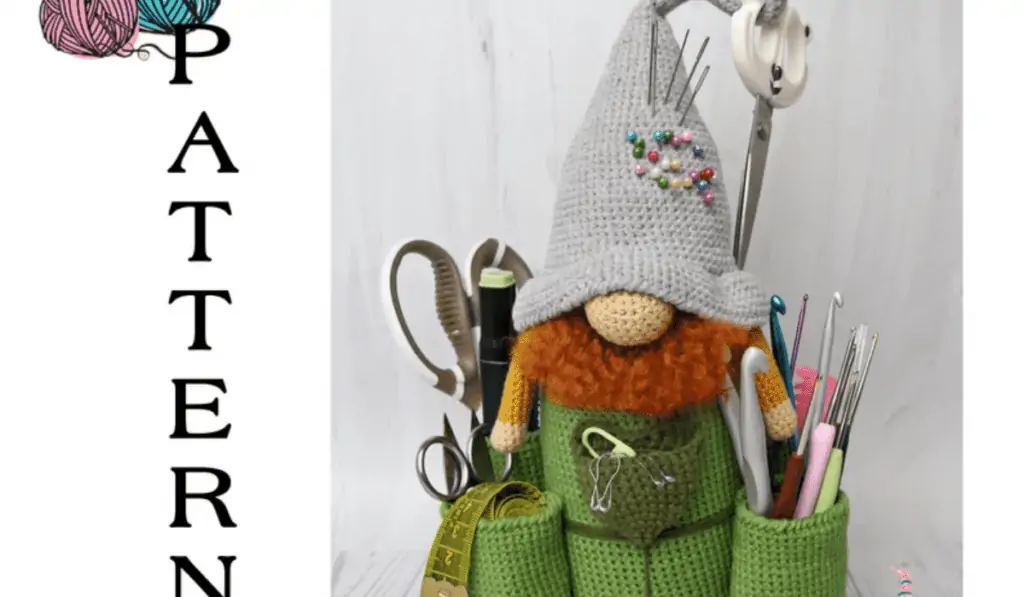 Gnome crochet organizer with pockets for hooks, tape measure, sizzers, and stitch markers.