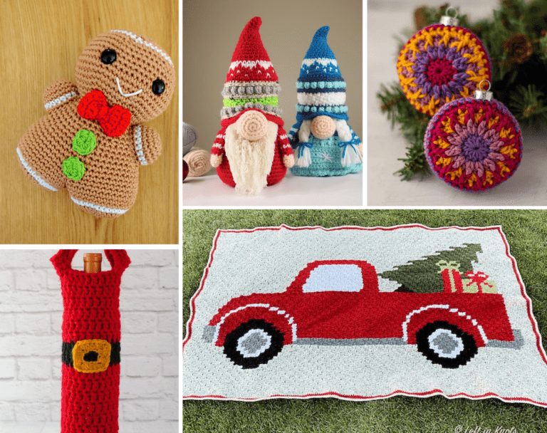 Five Christmas crochet patterns including a gingerbread amigurumi, two gnomes, a vintage-style circular ornament, a Santa Wine cozy, and a red truck throw blanket.