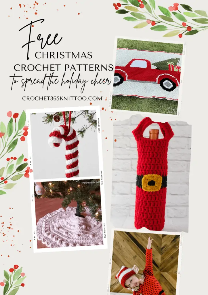 A Pinterest image for the Christmas crochet patterns post that inclues a candy cane ornament, a circular tree skirt, a little girl wearing an elf hat, a santa wine cozy, and a throw blanket with a red truck.