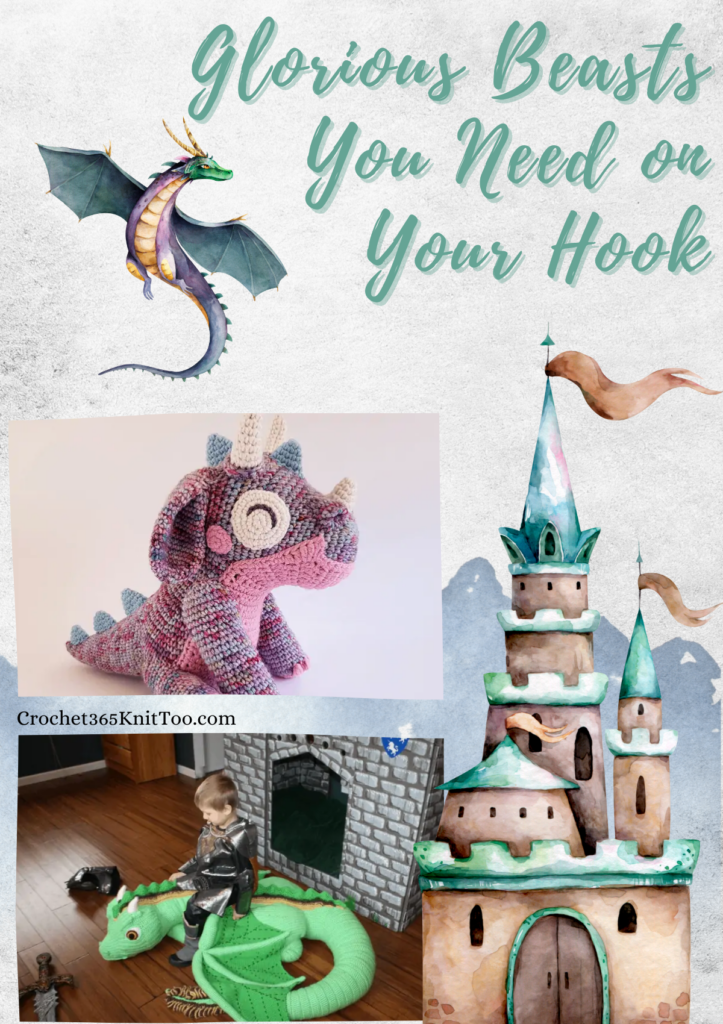 A pinterest image featuring two crochet dragons, one that is pink with its eyes closed and one large green dragon with a child sitting on top.