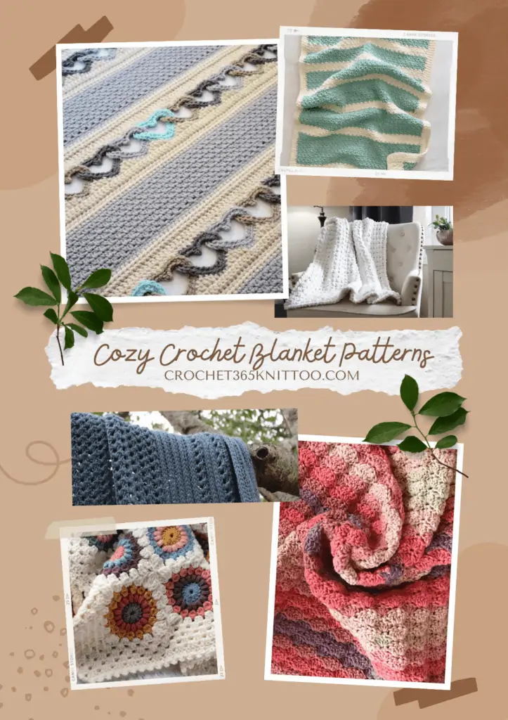 Six blanket patterns in a pinterest collage, one is a blanket that prominately features hearts in rows, one is blocks of blue and white, one is a completely white blanket drapped over the back of a chair, one is navy blue drapped over a tree branch, one is granny square flowers afghan, and one is different shades of pink and purple.