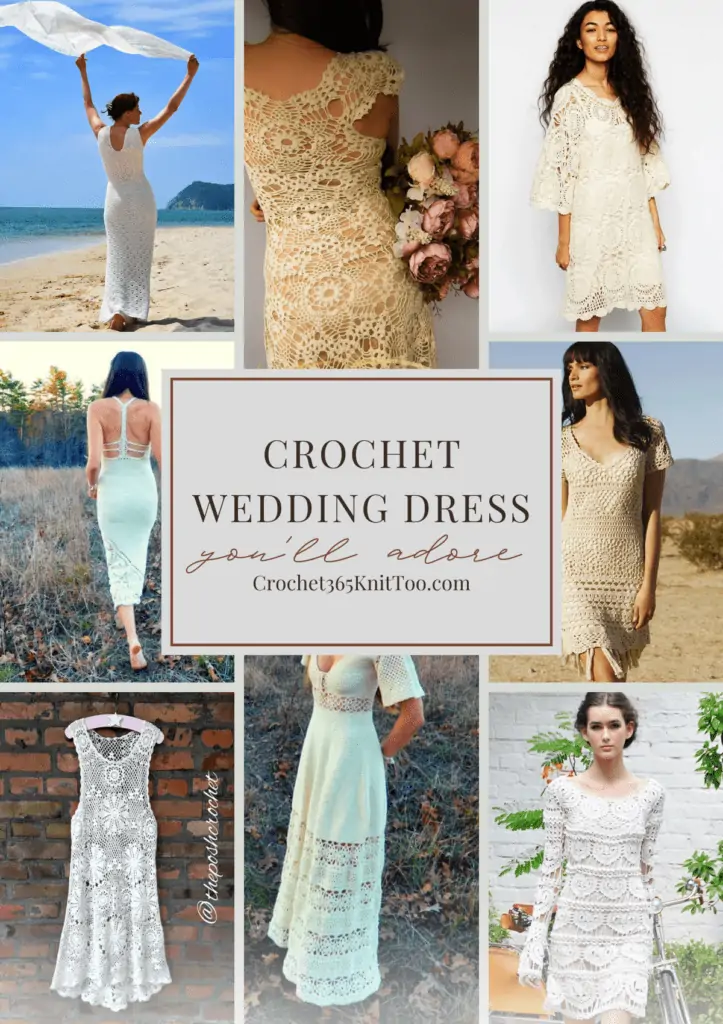 Eight crochet wedding dress in a collage, each pattern uses different, intricate types of lace and range on length.