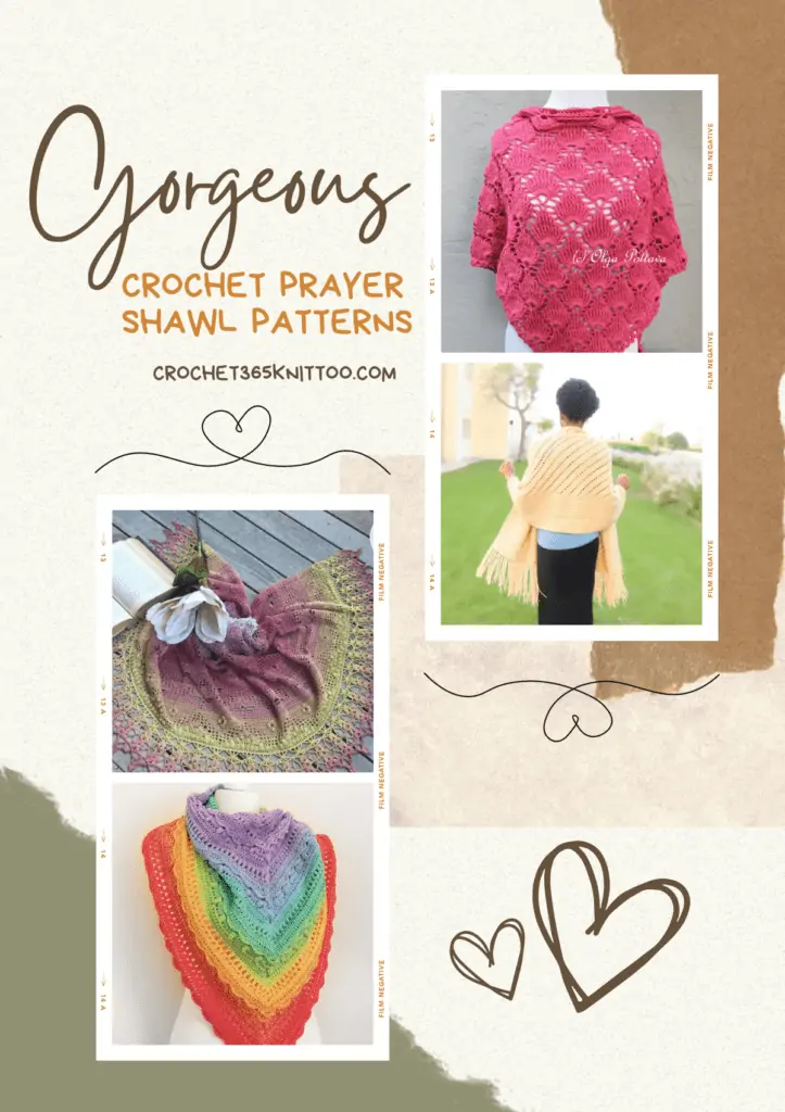 A Pinterest image with four crochet prayer shawls, including a rainbow shawl, a purple and green shawl, a white shawl, and a pink shawl.