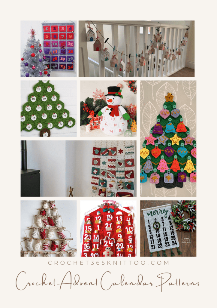 A Pinterest image featuring nine patterns, one is a grey wall hanging with different ombre pockets, one with cardboard houses hanging on a bannister, one with a pine tree with pockets, one snowman pillow with numbered pockets, one is a wallhanging with different items on the pockets, another pine tree with diggerent ornaments haning off buttons, one is stocking and mitton ornaments hanging off branches to shape a christmas tree, one is red with a variety of pockets with different numbers to countdown until Christmas, and one that is a banner with a countdown until Christmas with a crocheted wreath to make the day.