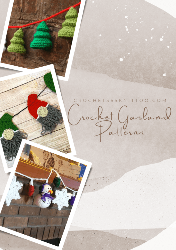 Pinterest image featuring three patterns, one is a gnome garland, one is a pine tree garland, and one is snowmen with snowflakes and christmas lights.
