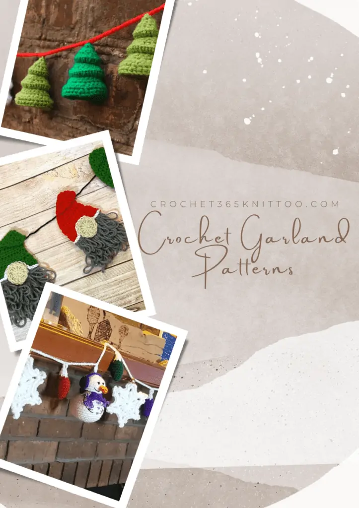 Pinterest image featuring three patterns, one is a gnome garland, one is a pine tree garland, and one is snowmen with snowflakes and christmas lights.