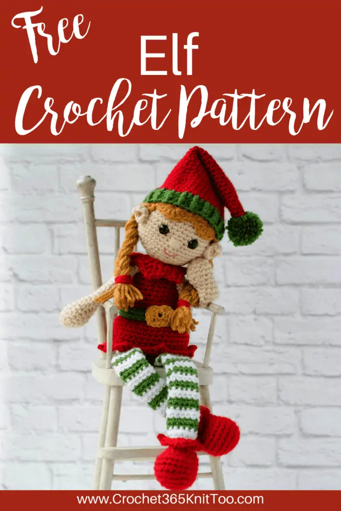 A Pinterest image with the text "Free Elf Crochet Pattern" and an image of a crochet elf.